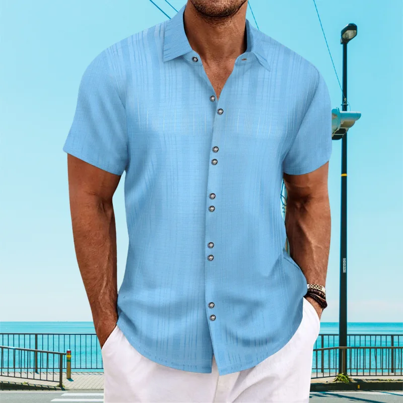 Summer 2026 Men's Lapel Bamboo Imitation Linen Short-sleeved Shirt Loose Casual Jacquard Shirt for Men