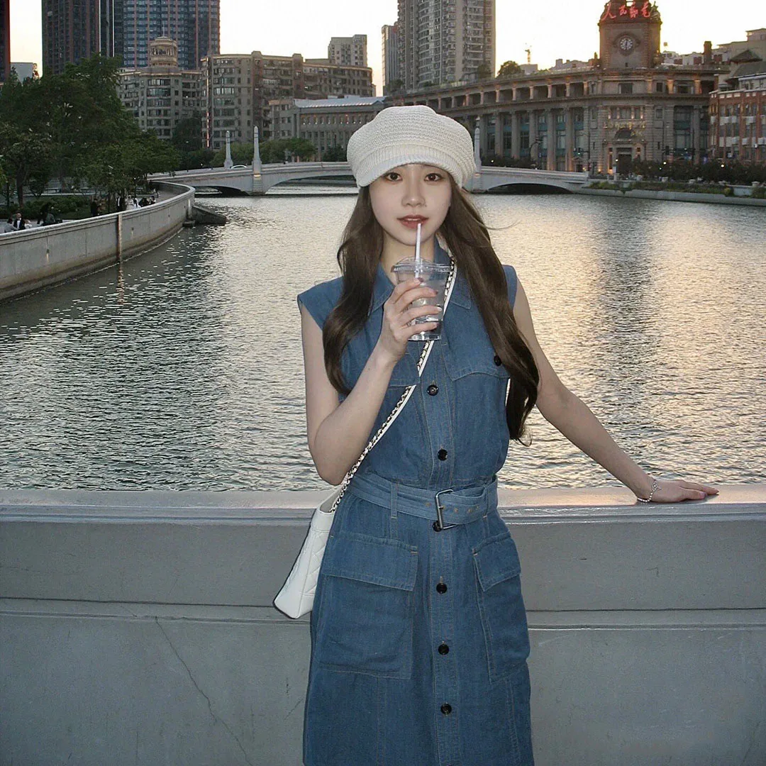 Safari Style Blue Denim Summer Midi Dress Women 2025 New Lapel Sleeveless Pockets High Waist Belt Casual High Street Dresses