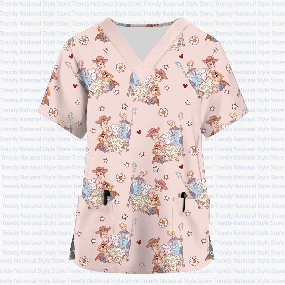 Women's Uniform Animal Print Cartoon Disney Buzz Lightyear V-neck Top Women's Nurse Work Clothes Medical Surgery Uniform