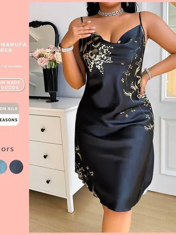Nowa piżama damska plus size z nadrukiem, imitacja jedwabiu, seksowna sukienka na ramiączkach z poliestru, bez pleców, odzież domowa, codzienna odzież do spania AIBP