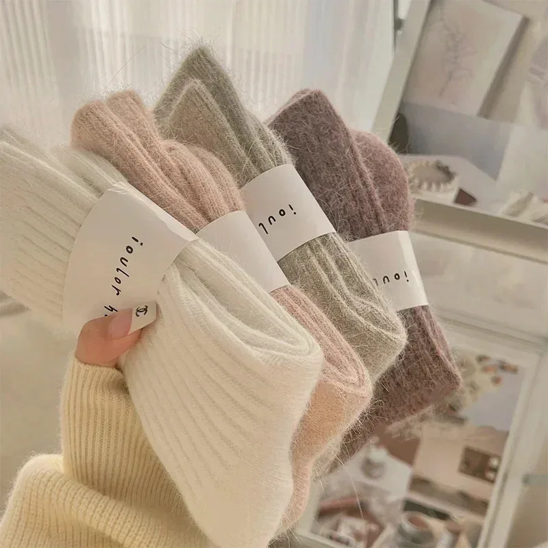 

Winter Thick Warm Women's Cashmere Wool Socks Japanese Harajuku Style Solid Color Long Thermal Fashion Sox for Ladies
