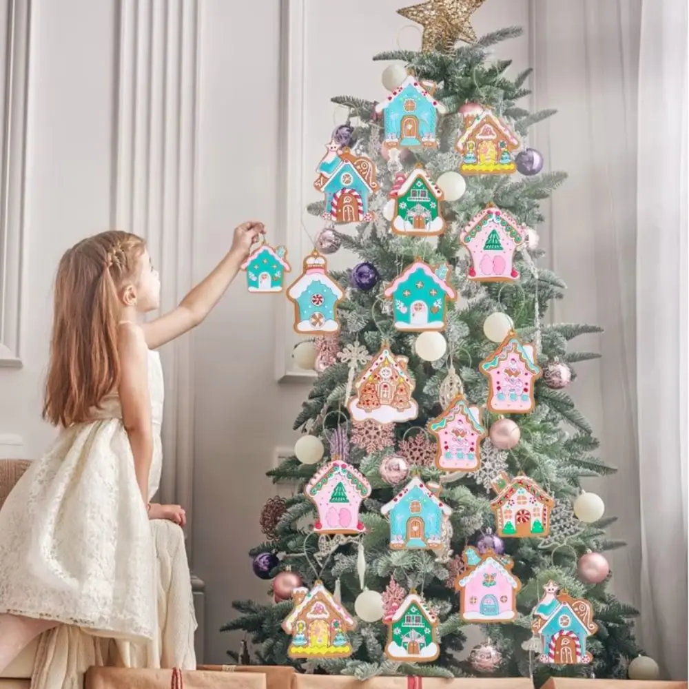 8/16Pcs Mixed Pattern Christmas Gingerbread House Pendant Candy Color with Hanging Chain Cottage Hanging Ornaments DIY PVC