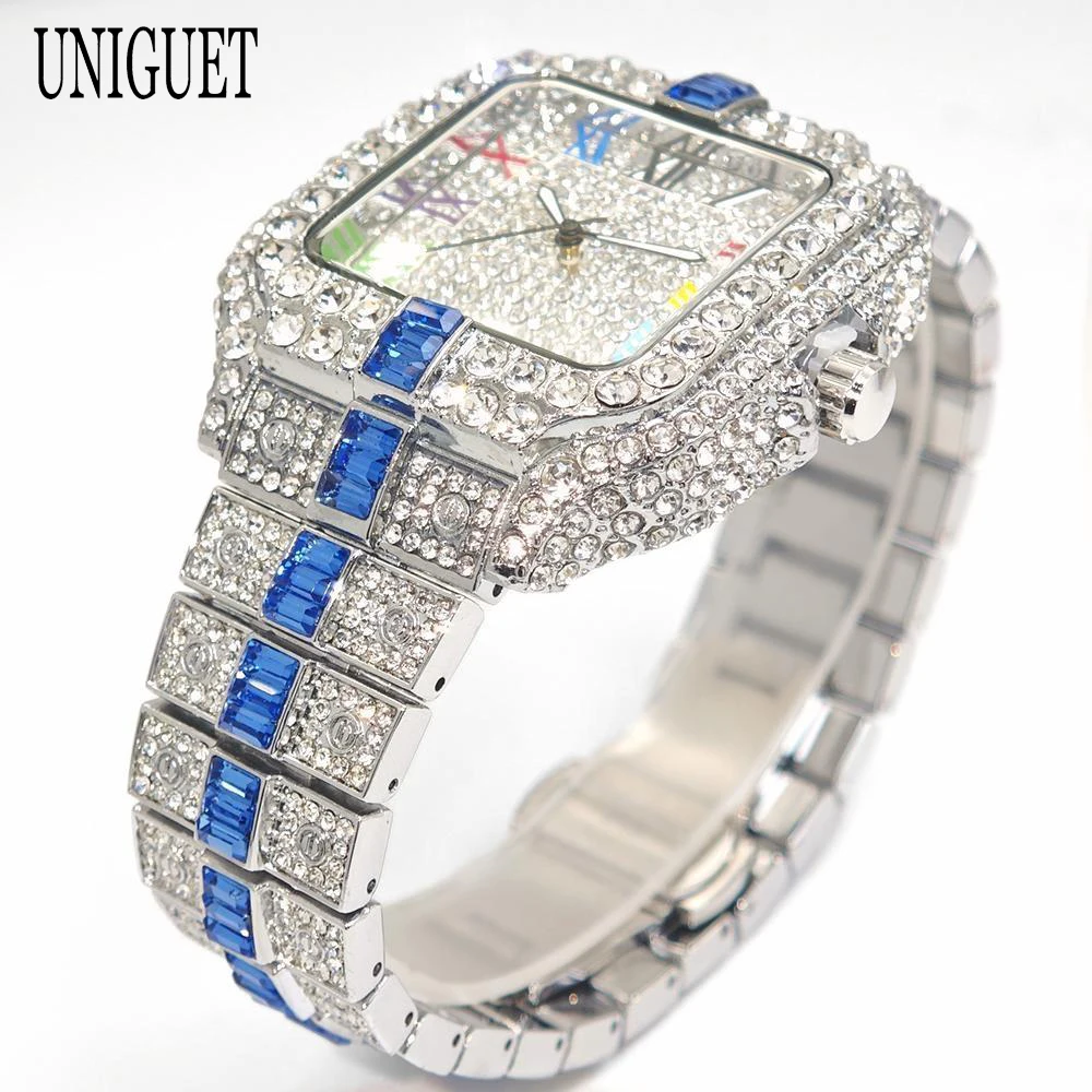 2025 حار ماركة UNIGUET الرجال موضة الماس ساعات كوارتز الهيب هوب مثلج بلينغ اللون مجوهرات ساحة ساعات المعصم للرجال أنيق