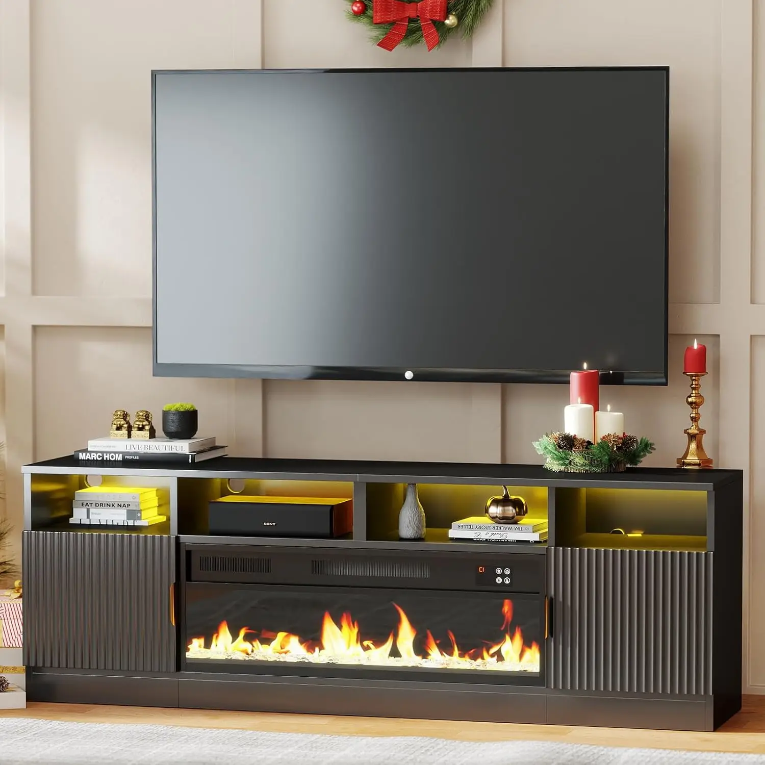 

70" Fireplace TV Stand with 38.3" Electric Fireplace & 24 Colors LED Light, Entertainment Center with Fluted Storage Ca