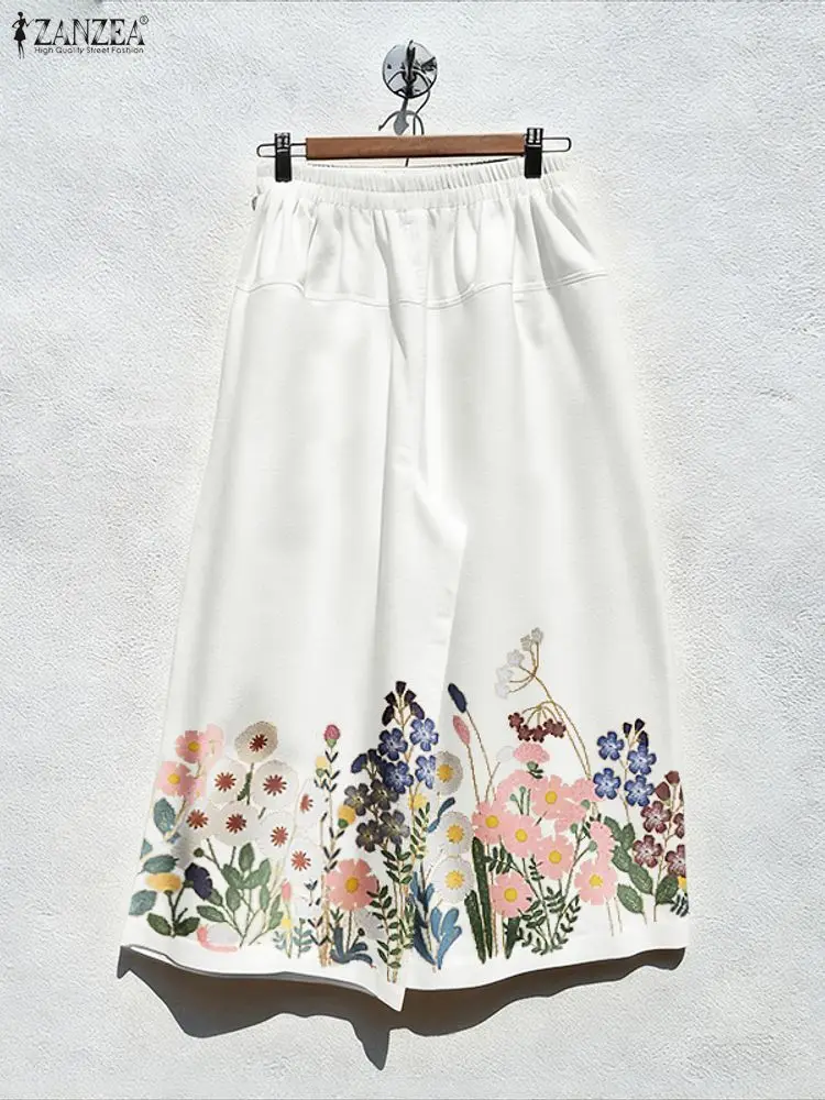 ZANZEA Womens Floral Printing Wide Leg Pants Elastic Waist Everyday Casual Loose Long Trousers Fall 2025 New Woman Clothes S-3XL