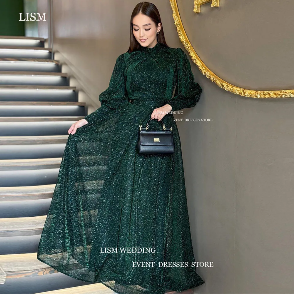 LISM Shiny Sparkly Glitter Emerald Green Formal Evening Dresses High Neck A-Line Modest Sequin Tulle Prom Gowns Arabic Women