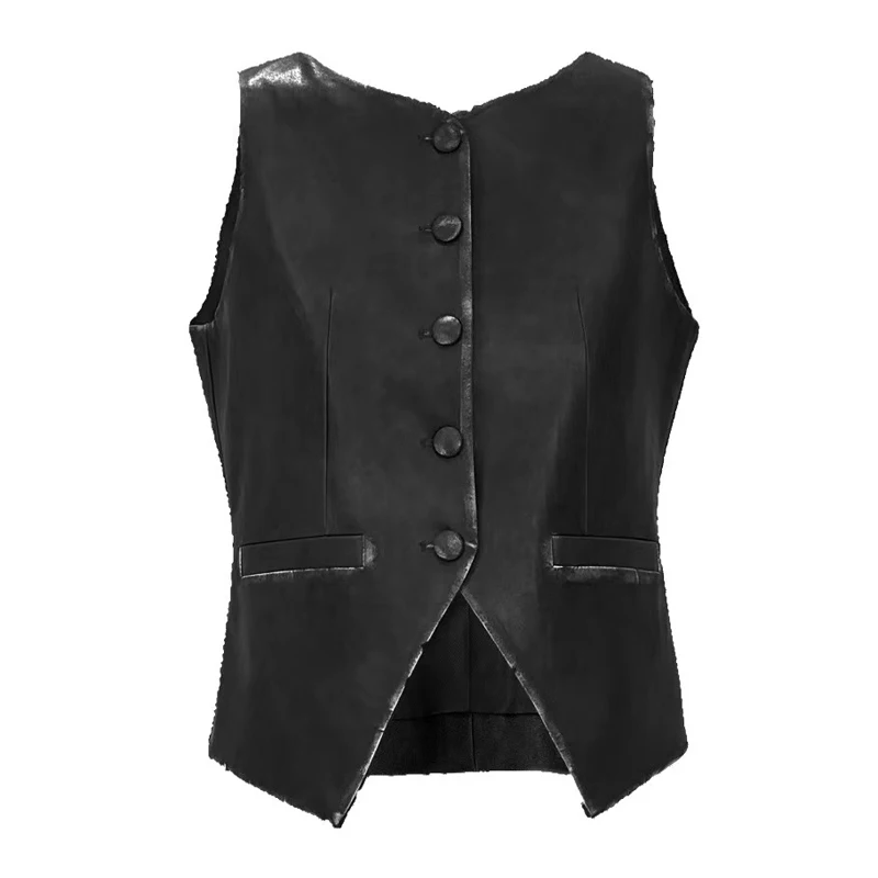 Genuine Leather Distressed Vest For Women New Minimalist Sheepskin Brush Off Single Breasted Sleeveless Slim Jacket V-Hem Tops