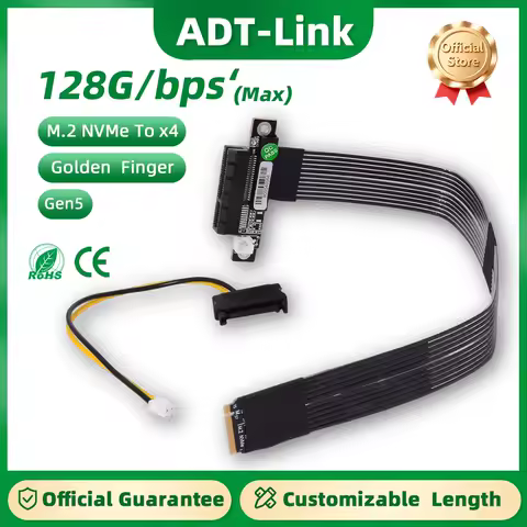 ADT-Link PCIE 5.0 x4 to M.2 NVMe Extension Cable High Speed GEN5 for 2242 2280 SSD Gen5 128Gbps Signal Riser Adapter K42DT-BK