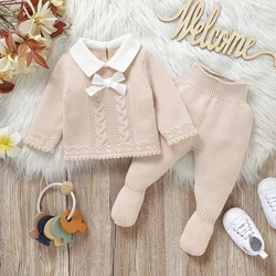 Newborn Baby Clothes Set Knit Infant Girl Sweater Long Sleeve Pants Foot Wrap Warm Autumn Kid Pullover Trousers Fashion Bow 0-9M