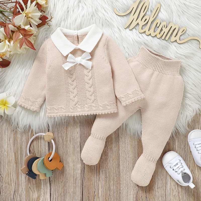 Newborn Baby Clothes Set Knit Infant Girl Sweater Long Sleeve Pants Foot Wrap Warm Autumn Kid Pullover Trousers Fashion Bow 0-9M