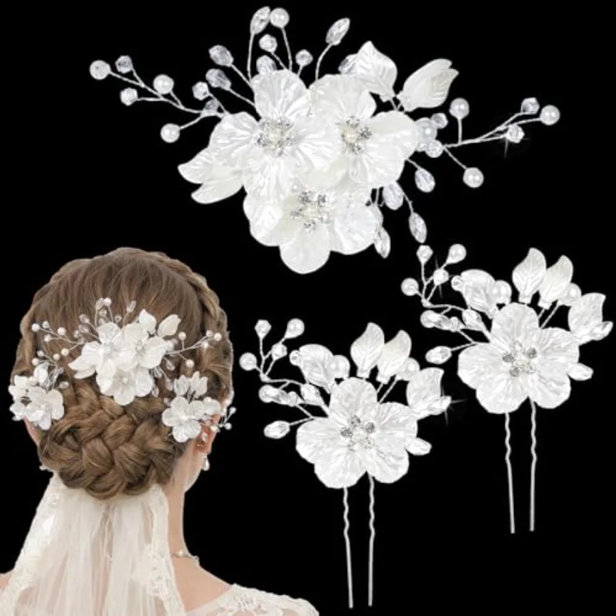 

3 PCS Wedding Hair Piece, Rhinestone Hair Clips for Brides, Crystal Bridal Large Flower Pearl Hairpins for Brides Bridesmaids W