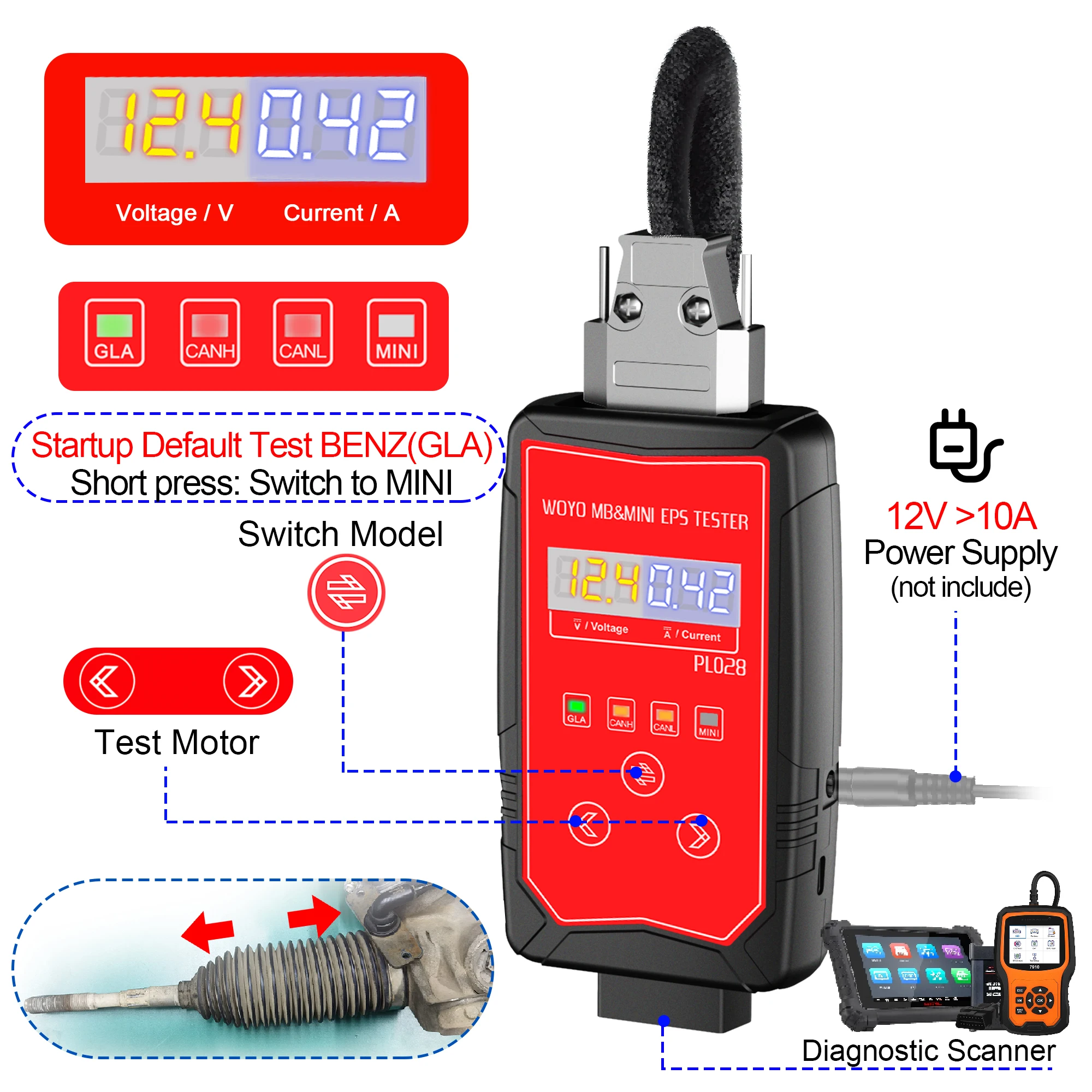 WOYO PL028 for Mercedes Benz & BMW MINI EPS Tester Steering Rack Detector Motor Device Driver Tester Car Diagnostic Tools