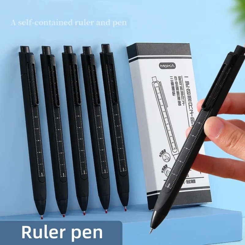 5pcs Ruler Pens Set 10cm Self-contained Ruler 0.5mm Ballpoint Black Color Gel Ink for Writing F7432