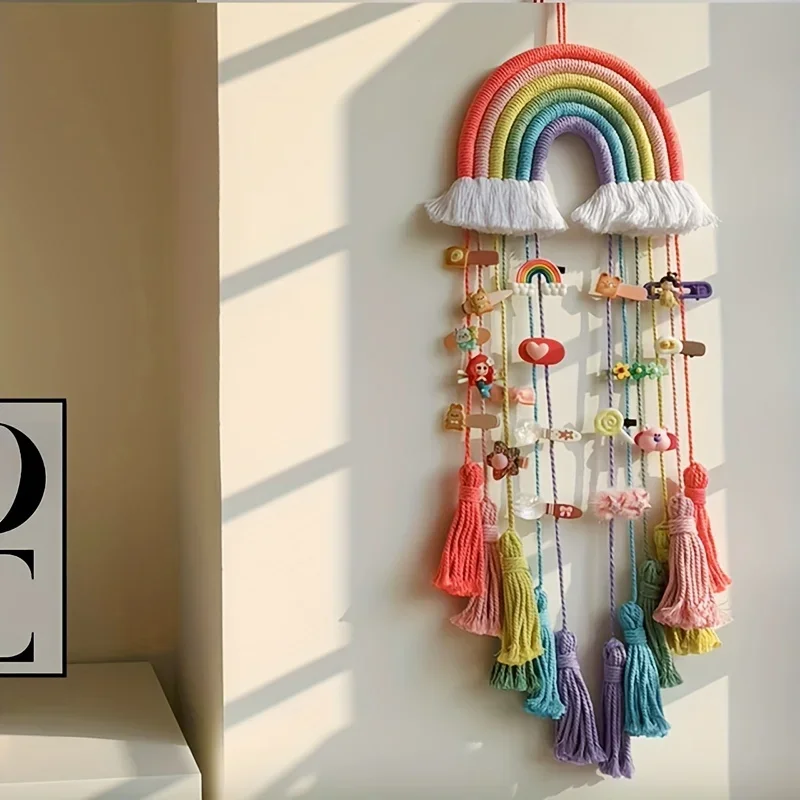 

Bohemian Rainbow Wall Hanging with Handmade Lace, Colorful Bow Tassels and Pompoons Bohemian Home Decoration