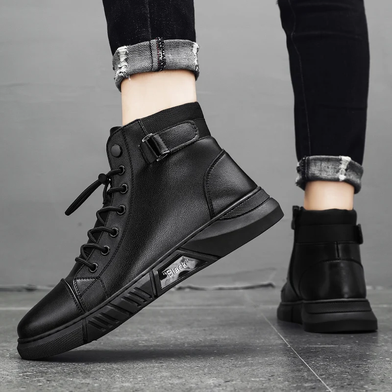 Ankle Boots Black PU Leather Men\'s Sports Shoes Autumn Winter Comfortable High-top Casual Fashion Platform Boots Man Round Head