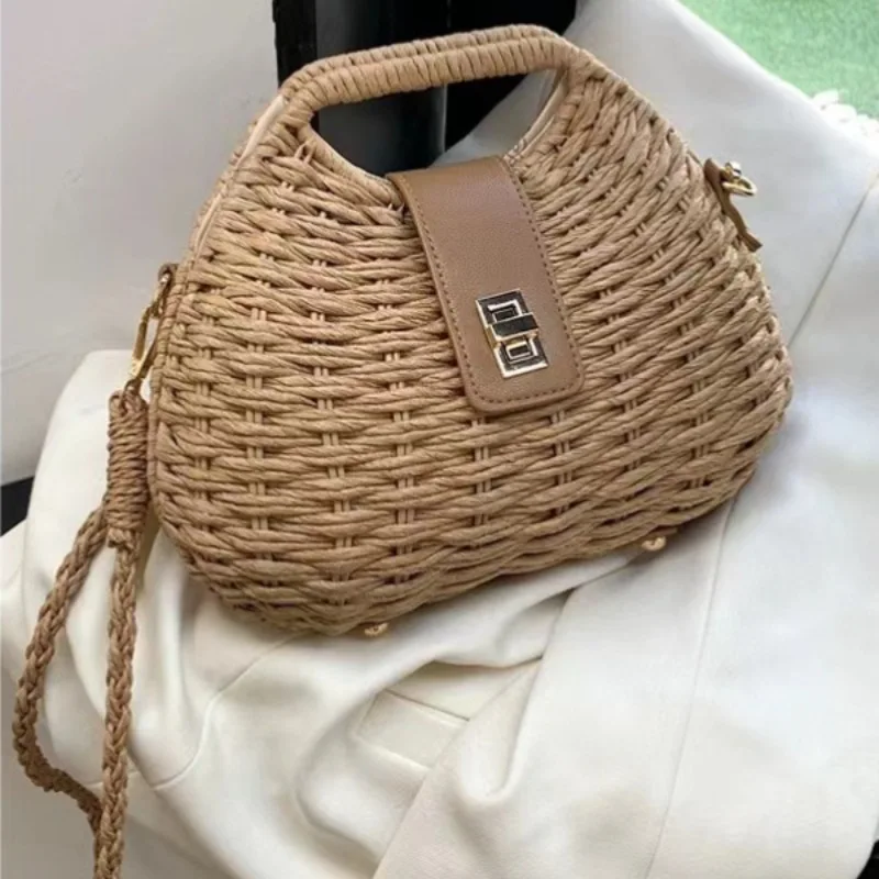 Fashion Straw Shell Women Handbags Woven Box Shoulder Crossbody Bags Handmade Summer Beach Bag Small Purses Vacation 2024