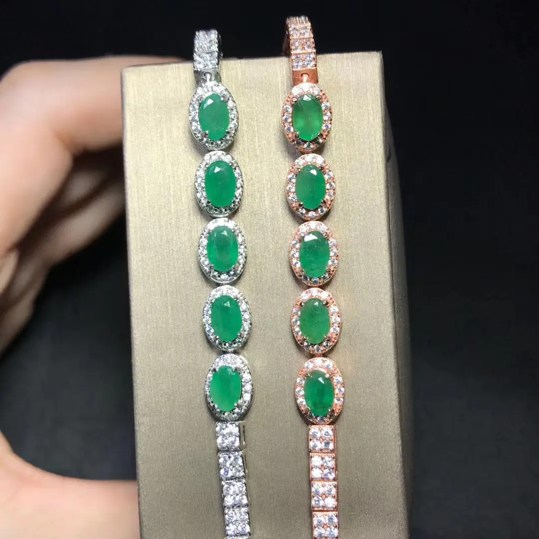 Fashion Sterling Silver Chain Bracelet 4mm*6mm 5pieces 2.5ct Natural Emerald Bracelet with 3 Layers  Plating Woman Birthday Gift