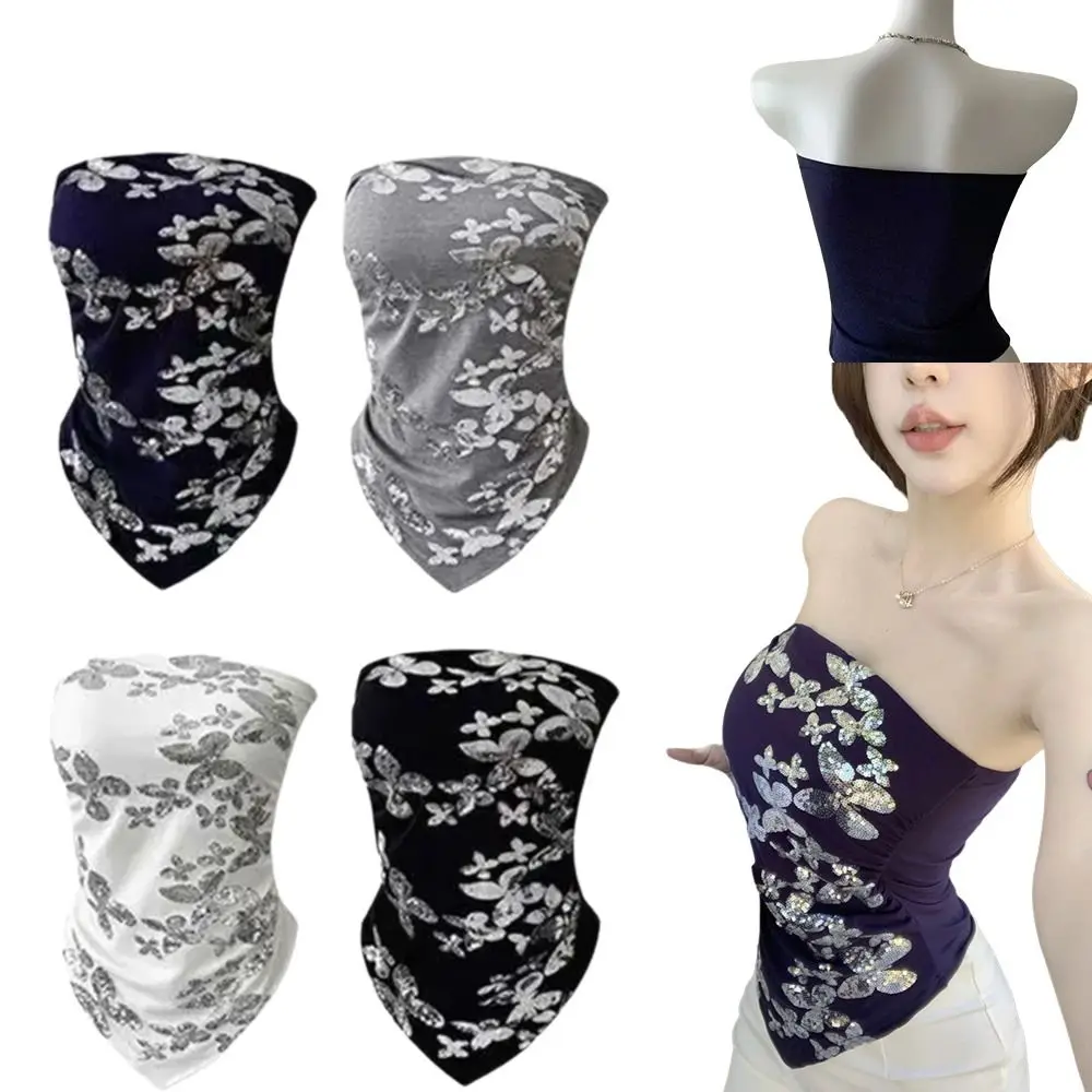 Sequin Butterfly Embroidery Strapless Tube Top Built-in Bra Slim Fit Sequin Crop Top Breathable Fixed Cup Design
