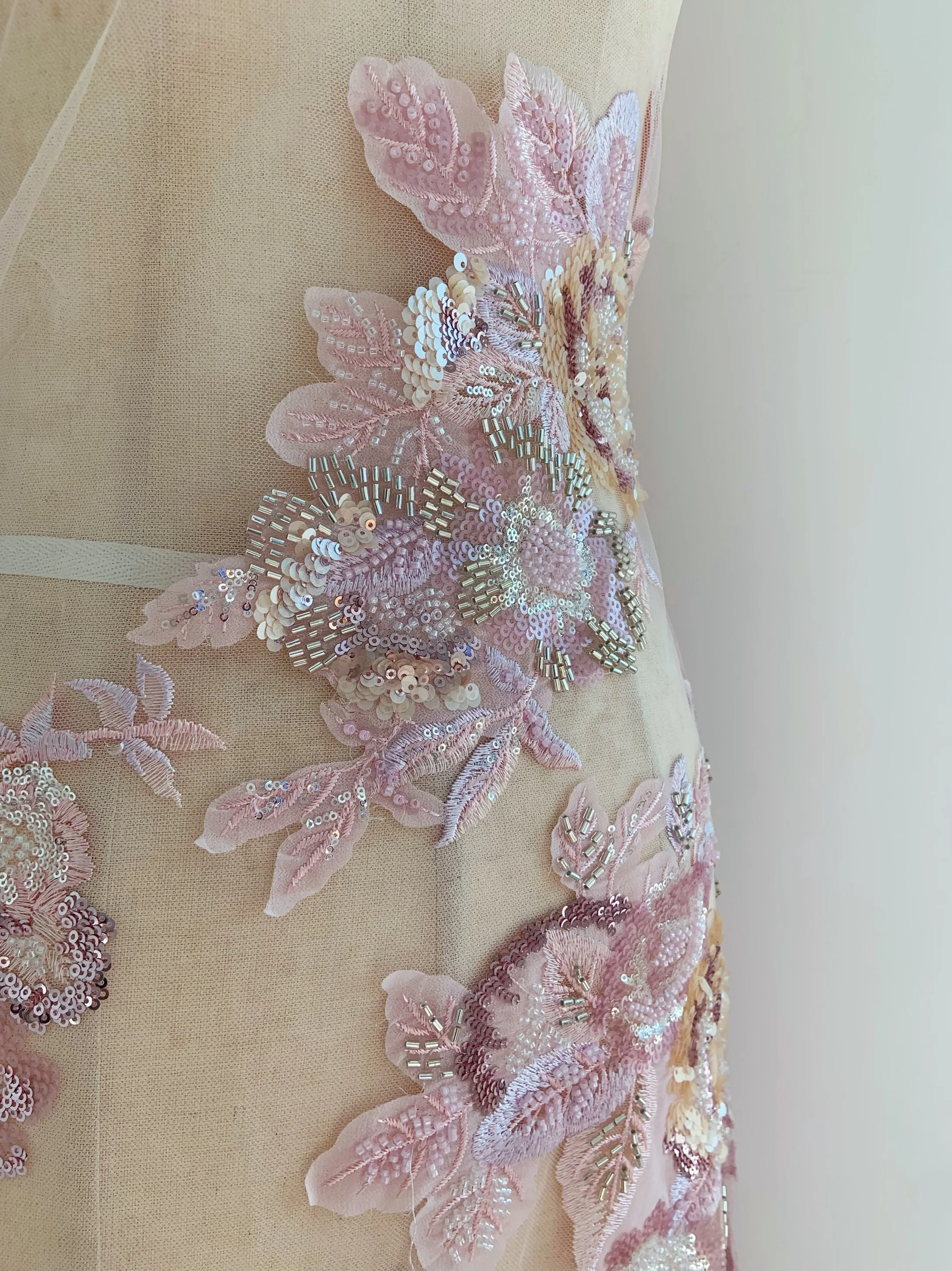 

1 yard Luxury Pink Sequin Beaded Lace Fabric, Handcrafted Embellishment for Bridal Dress, Evening Dress