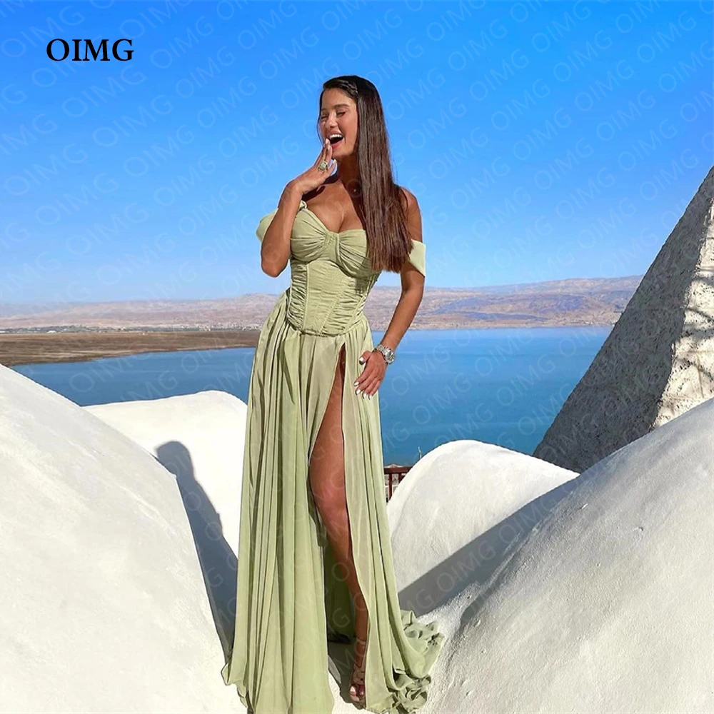 

OIMG Dusty Green Off Shoulder Chiffon Evening Dresses Sise Slit Sleeveless Summer Night Event Occasion Formal Gowns Dress