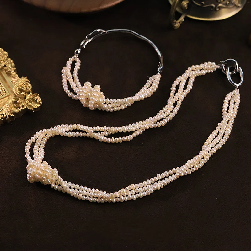 White Freshwater Pearl Knotting Clasp Necklace Bracelet Set for Women Fashion Multilayer Choker Jewelry Original Handmade Design
