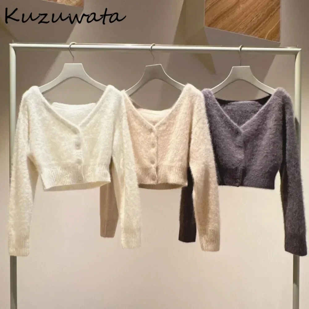 Kuzuwata Literary V Neck Sweet All-match Jumper Single Breasted Gentle Fluffy Warm Feminine Cardigan Japan New Knit Coat Sweater