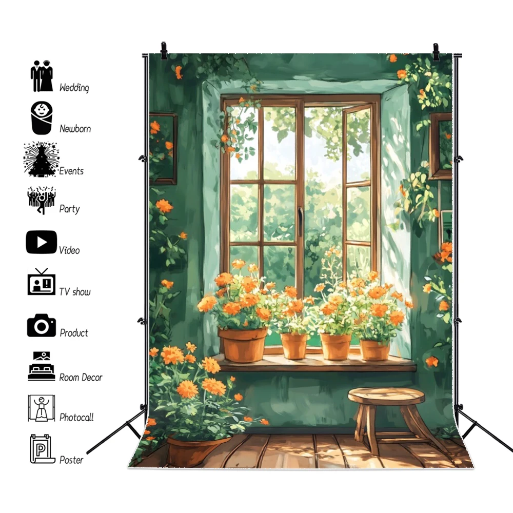 خلفية التصوير الفوتوغرافي الريفية 2026 نمط اللوحة الزيتية: الأخضر الطازج فناء شرفة الزهور فتاة صورة خلفية الصورة #2
