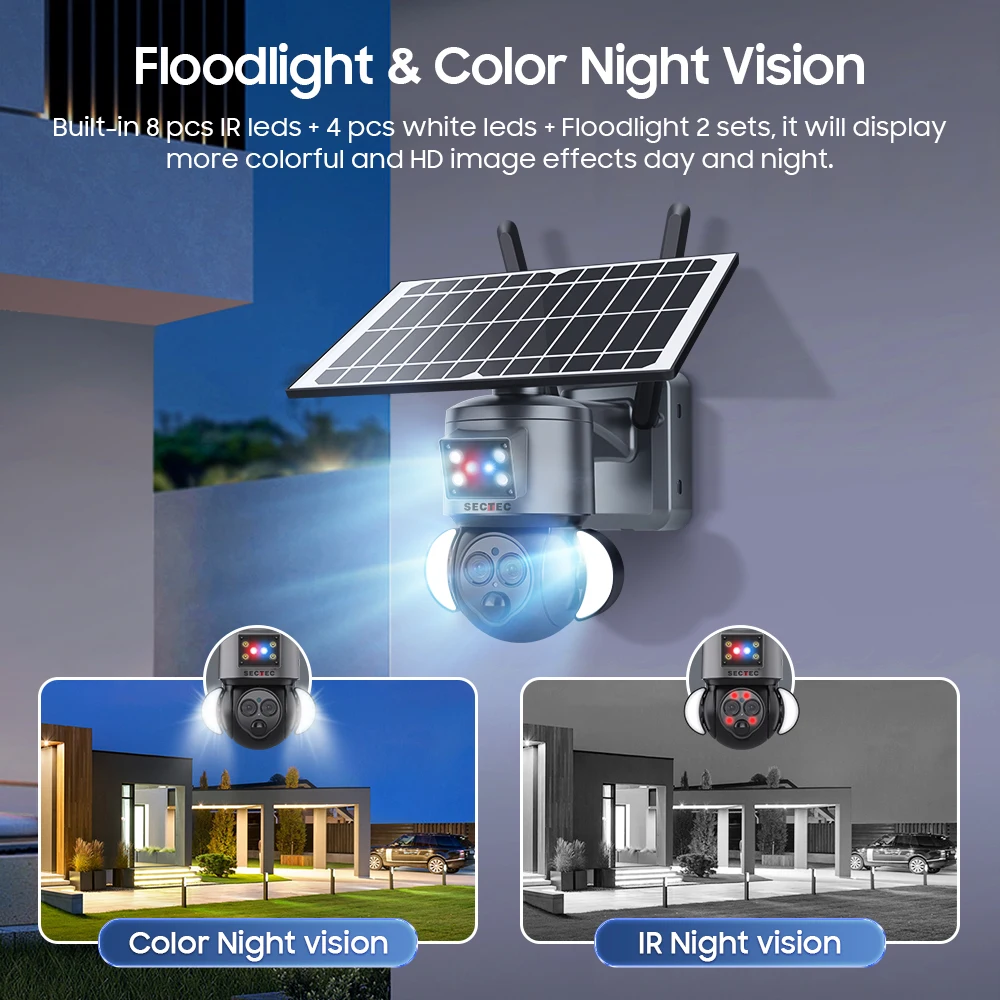 SECTEC 12X ZOOM Red/Blue Alarm Floodlight 4G Solar Battery PTZ Camera Night Vision WIFI Home Surveillance Cameras