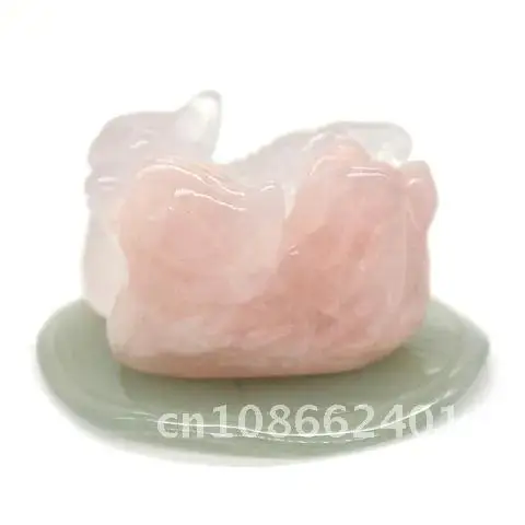 Rose Quartz Mandarin Duck Set With Green Aventurine Stand Natural Crystal Healing Lover Symbolize Figurine Decor Ornaments