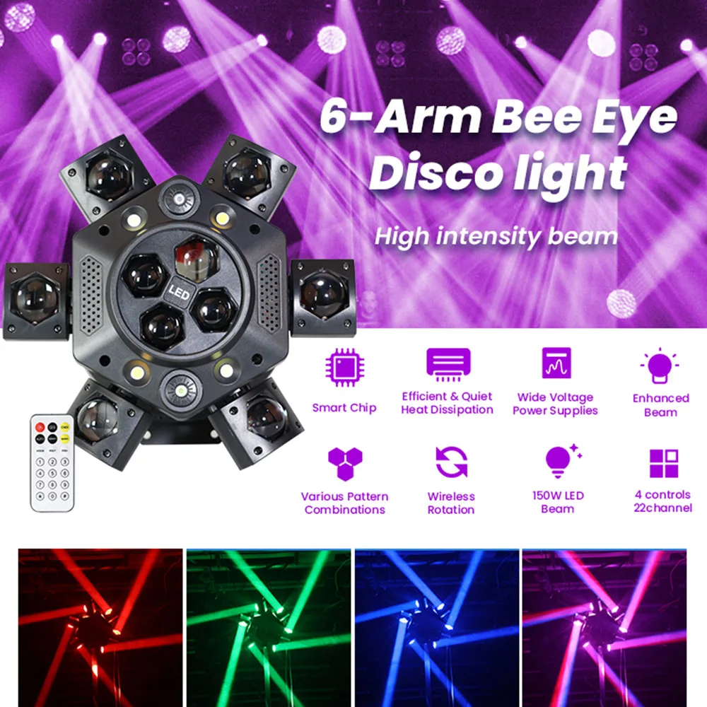المهنية 150 واط LED شعاع تتحرك رئيس ضوء 6-الذراع النحل العين DJ موبايل ديسكو أضواء RGBW نادي تأثير الحفلات DMX512 المرحلة الإضاءة