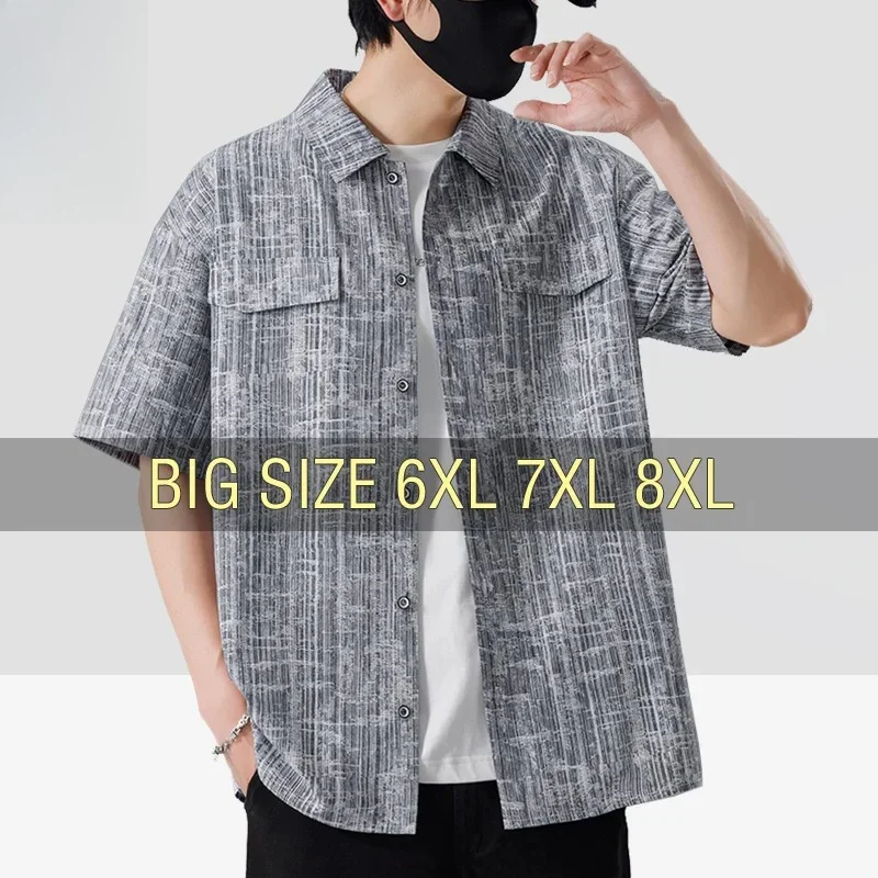 

Men Shirt Short Sleeve Stripe Summer Hip Hop Oversize 6XL 7XL 8XL Plus Size Casual Plaid Streetwear Loose Pocket High Quality