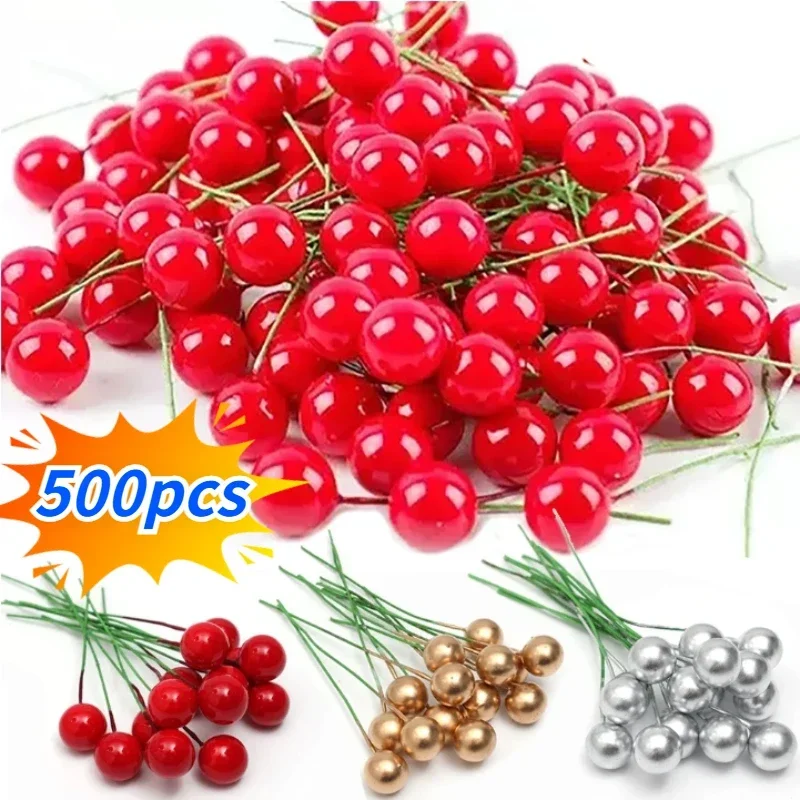 

500/50Pcs Artificial Berries Red Cherry Stamen Mini Fake Berry Pearl Beads DIY Christmas Wreath New Year Party Gifts Decorations