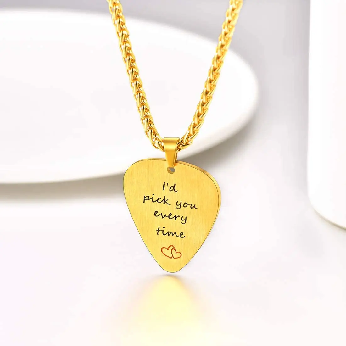 U7 Men Pendant with Chain Music Jewelry I\'d Pick You Every Time Engraved Stainless Steel Guitar Pick Necklace