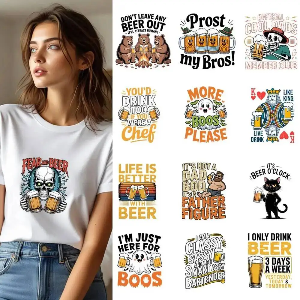 25CM Creative Beer Lovers Duck Bear Skull Transfer Patches For Clothes DIY A-Level Washable Shirt Iron-on Thermal Stickers