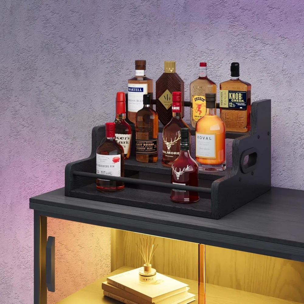 3-Tier LED Liquor Display Shelf with Remote Control, Whiskey Wine Bottle Rack for Home Bar Cabinet
