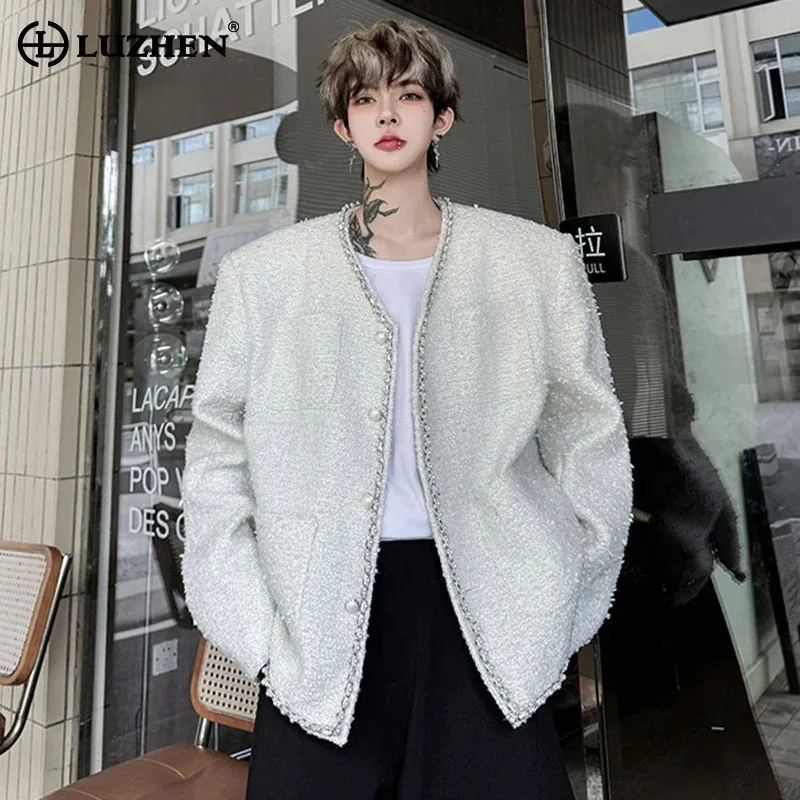 

LUZHEN 2025 Autumn Fashion Elegant Pearl Decorate Buttoned Male Jacket Cardigan Handsome Shoulder Pad High Quality Coat JY4138