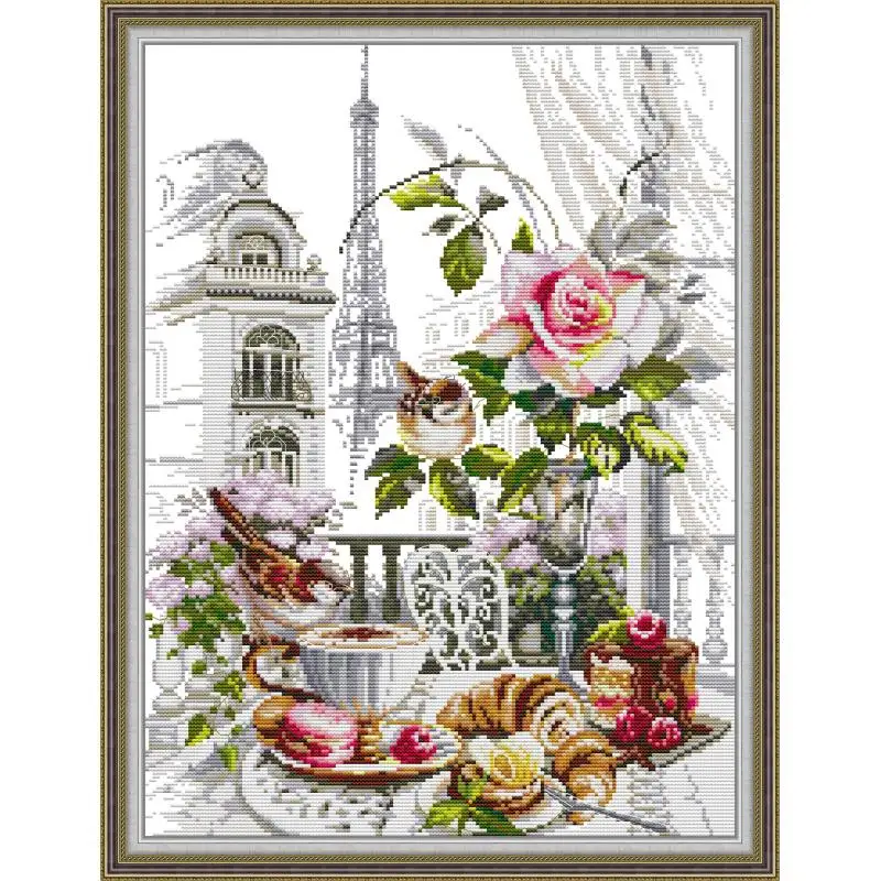 French Breakfast DIY Art Pattern Cross Stitch Set Aida 14CT White 11CT Printed Fabric Needle and Thread Sewing Kit Kitchen Decor