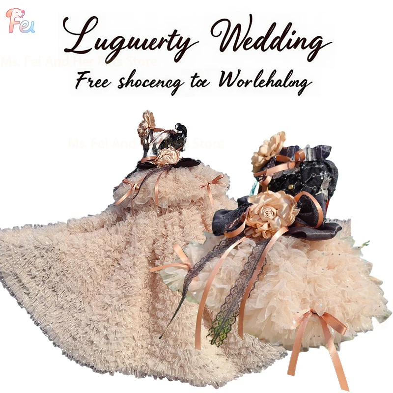 

Handmade Trailing Princess Dog Dress Luxury Wedding Gown with Detachable Skirt European Palace Evening Dancing Gem Bow Pet Dress