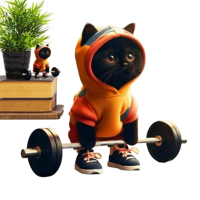 Anime Fitness Cat Figurine Sculpture Modern Office Home Decor Ornaments Cute Barbell Black Cat Statue Collectible Creative Gifts