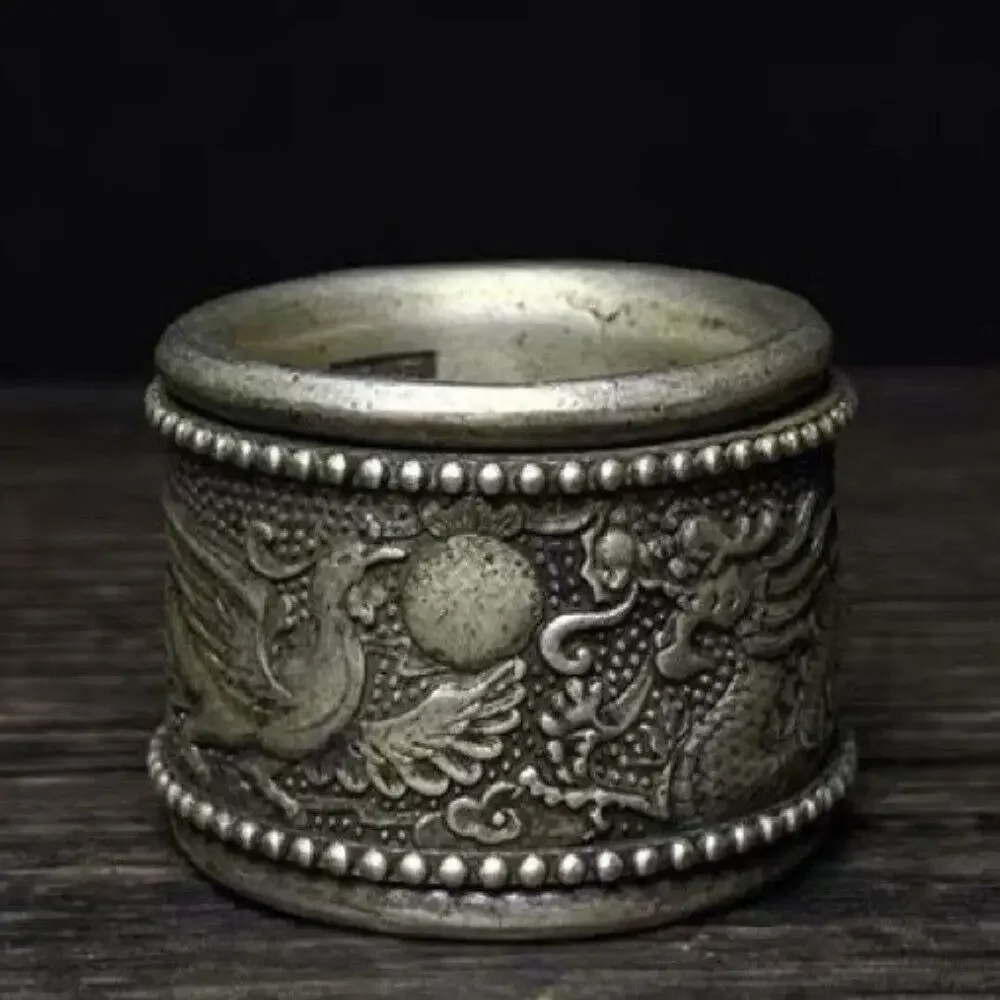 Old Chinese Tibet Silver Handcarved Dragon Phoenix Turn Ring Guangxu Mark