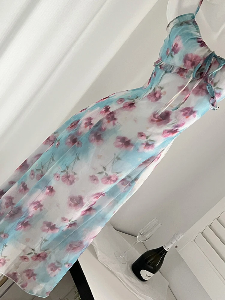 Summer Old Money Spaghetti Strap Floral Dress Women Romantic Maxi Frocks Vacation One-Piece Party Vintage Prom Gown Aesthetic