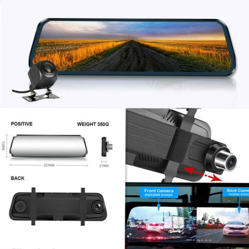 FHD1080P Mirror Rear View Camera 170 Degree Dual Lens Android Auto Black box 10Inch Night Vision Touch Screen RearView Dash Cam