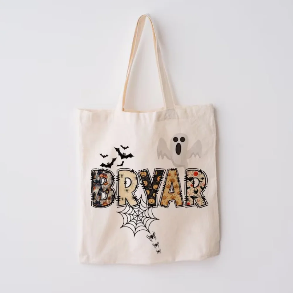 Bolso de mano de lona Retro personalizado para Halloween, bolso para truco o trato, regalo escolar para niños de Halloween | Monograma de bolsa de cesta de comida para niños pequeños