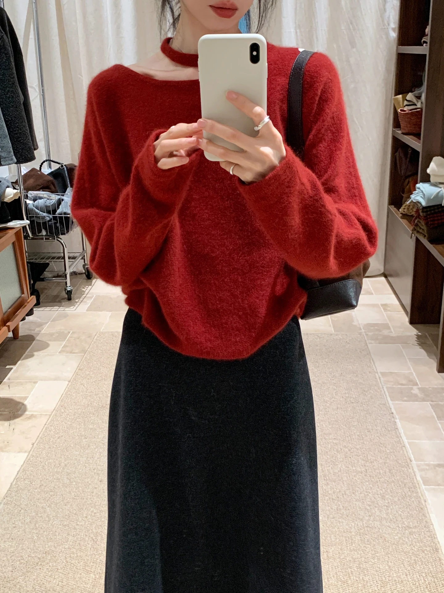 

High Quali Woolen Knitted Sweater for Women Red Design Sensation Clavicle Autumn Winter New Sle Warmth Heating Lo...