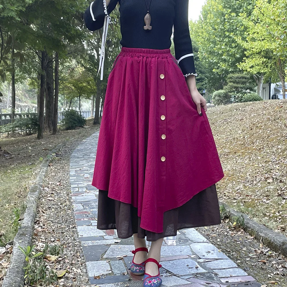 

Женская длинная юбка макси из хлопка и льна в японском стиле, весна-лето 2026, ретро, пасторальный стиль, на пуговицах, асимметричная, с пэчворком