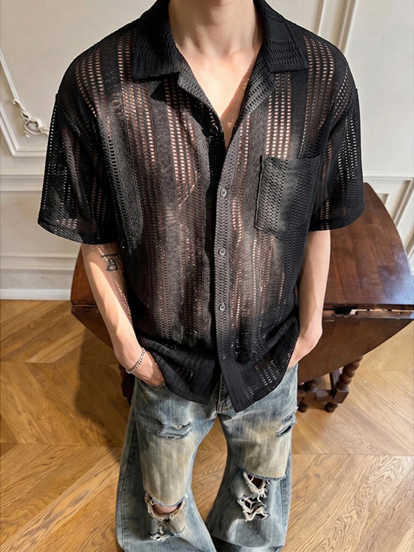 Lightweight Breathable Ice Silk Knitted Hollow out Short Sleeve Men's Shirt Cleanfit Beach Style Summer Casual Loose Fit Shirt
