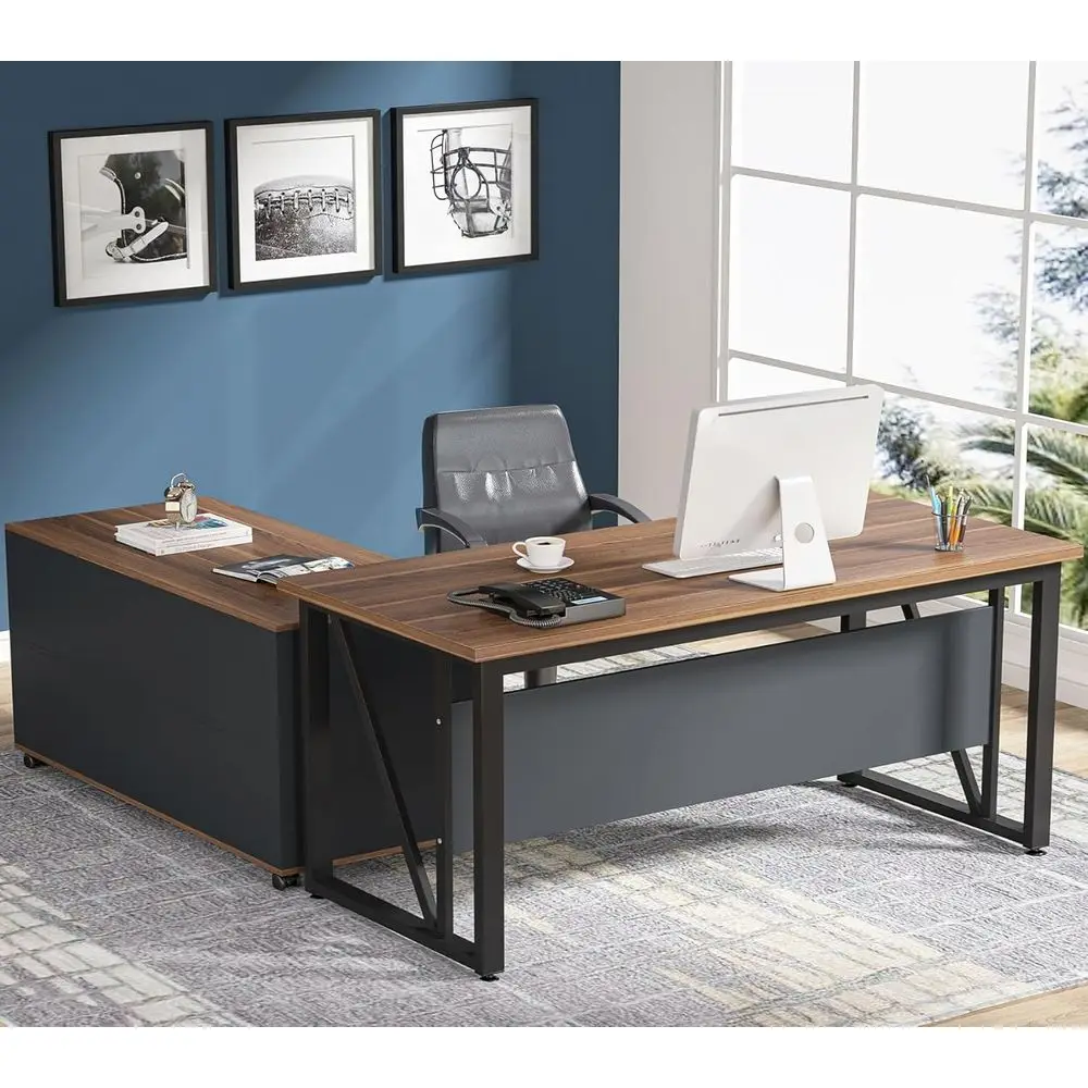 

L-Shaped Computer Desk with Storage Cabinets and Shelves for Home Office