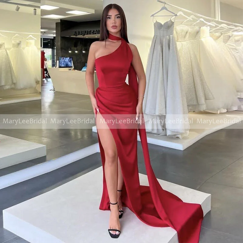 

Sexy Red High Slit Evening Dresses with Long Ribbon One Shoulder Pleat Satin Sweep Train Prom Gown Evening Party Dress for Women