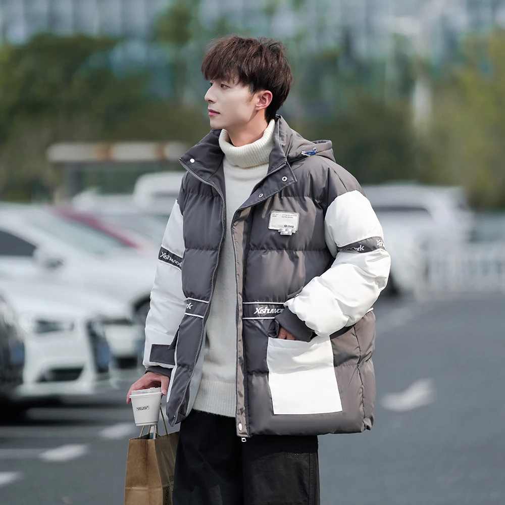 

Men's Winter Thickened Warm Hooded Cotton Jacket Bread Style Clothing Casual Youth Fashionable Block Color Design Zipper Closure