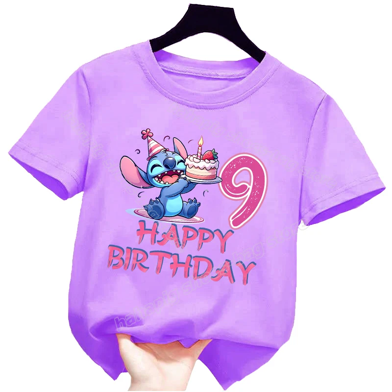 Lilo Stitch Girl Birthday T-Shirt Number Kids Tee Tops Short Sleeve Purple T Shirts Cute Cartoon Summer Casual Children Clothes